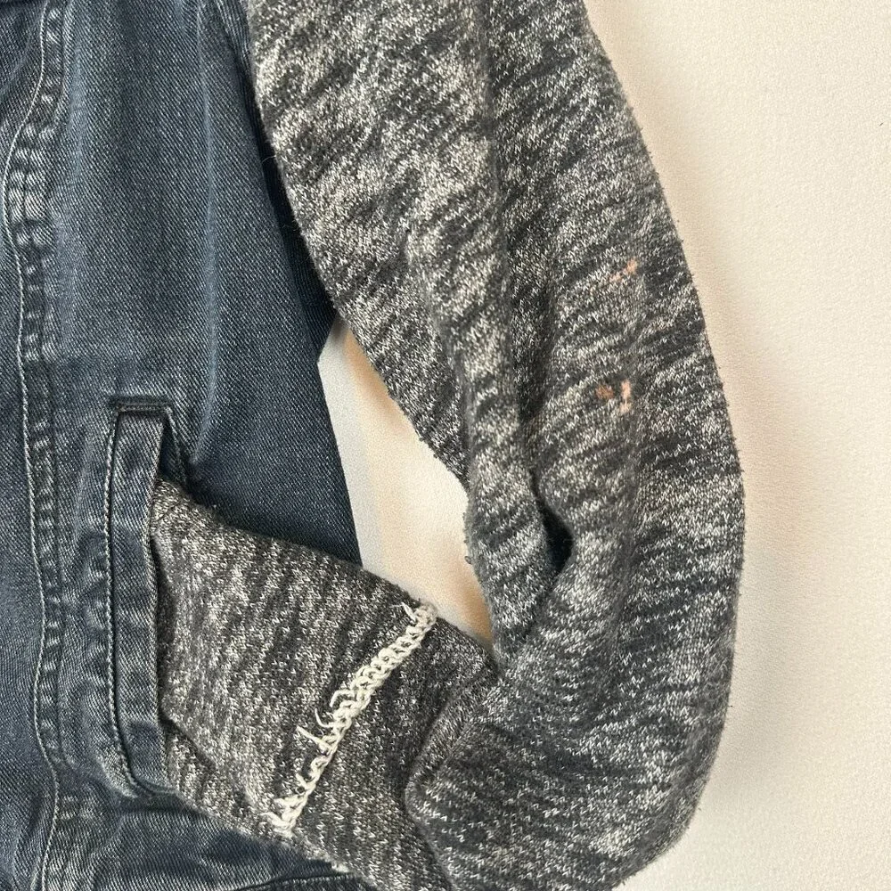 Free People Distressed Denim Jacket Knit Hood & Sleeves Dark Blue Wash - Picture 8 of 10
